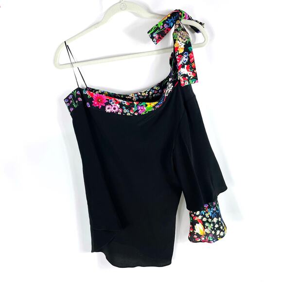 ETRO Floral Pants Set Black Silk 2pc One Shoulder Top Wide Leg Sz 42 IT / M - Picture 4 of 15